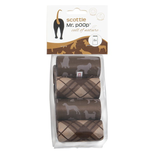 Mr.POOP SCOTTIE Navul. poepzakjes 8 Rolletjes-Bruin motief Mr.POOP SCOTTIE Navul. poepzakjes 8 Rolletjes-Bruin motief